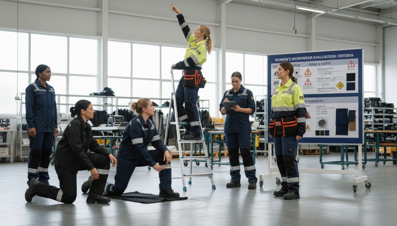 Women’s workwear fit trial and evaluation process testing movement, safety, fabric durability and garment performance